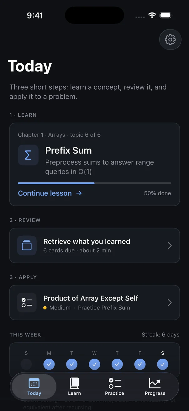 CodeSequence Today screen with the daily plan: learn, review and apply