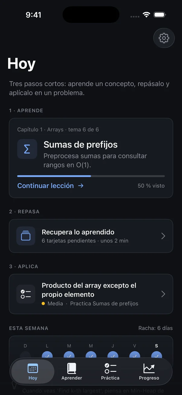 Pantalla Hoy de CodeSequence con el plan del día: aprende, repasa y aplica