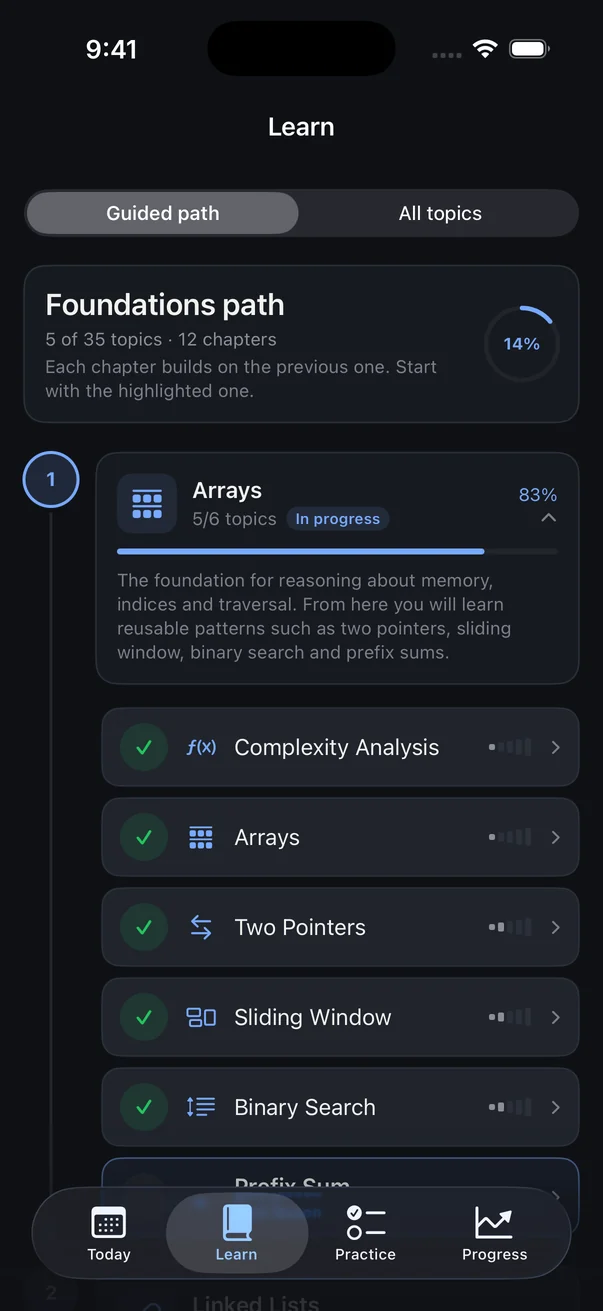 Guided path with the arrays chapter in progress