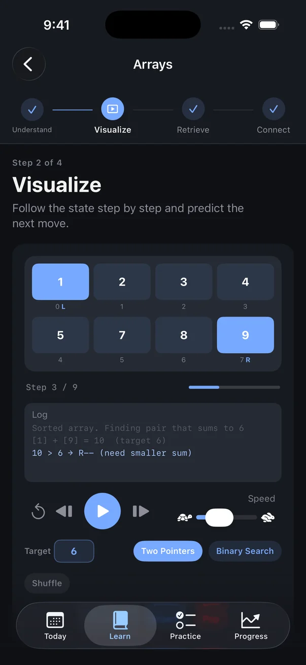 Two-pointer animation inside a lesson